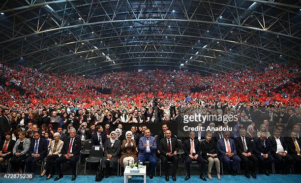 Turkeys President Recep Tayyip Erdogan and his wife Emine Erdogan attend an event organized by Turkish youth organizations at Ethias Arena in...