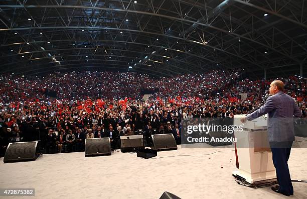 Turkeys President Recep Tayyip Erdogan gives a speech during an event organized by Turkish youth organizations at Ethias Arena in Hasselt, Belgium on...