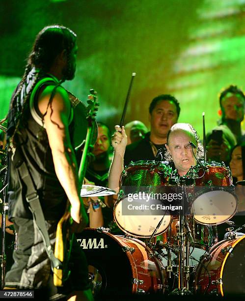 Bassist Robert Trujillo and Lars Ulrich of Metallica perform during Rock in Rio USA at the MGM Resorts Festival Grounds on May 9, 2015 in Las Vegas,...