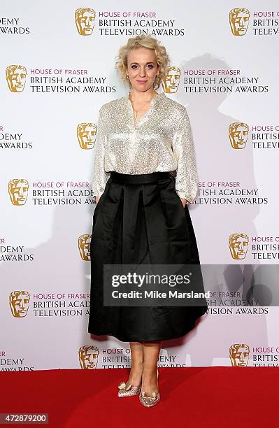 Amanda Abbington poses in the winners rooms at the House of Fraser British Academy Television Awards at Theatre Royal on May 10, 2015 in London,...
