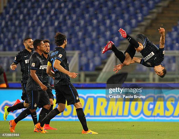 Anderson Hernanes of FC Internazionale Milano celebrates after scoring the team's first goal during the Serie A match between SS Lazio and FC...