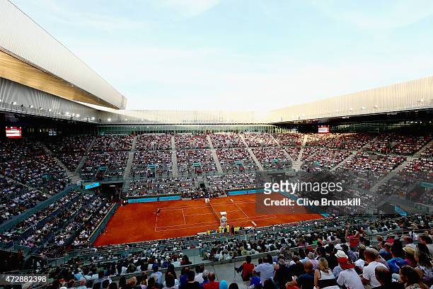 General view of Manolo Santana centre court showing Andy Murray of Great Britain in action against Rafael Nadal of Spain in the mens final during day...