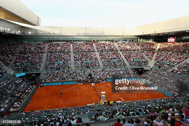 General view of Manolo Santana centre court showing Andy Murray of Great Britain in action against Rafael Nadal of Spain in the mens final during day...