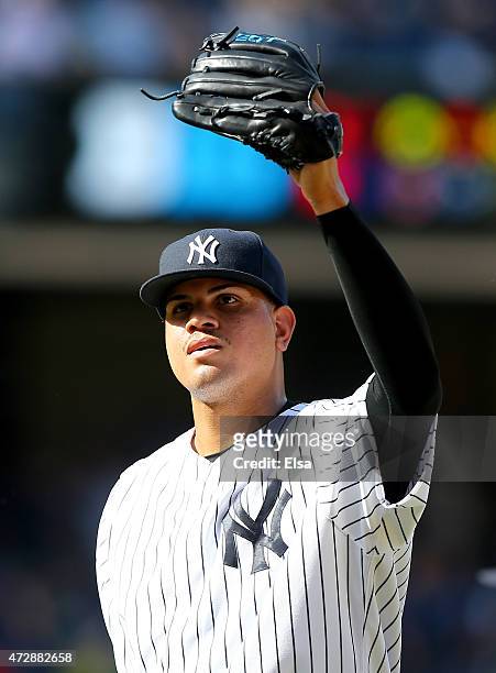 Dellin Betances of the New York Yankees celebrates after the game against the Baltimore Orioles on May 10, 2015 at Yankee Stadium in the Bronx...