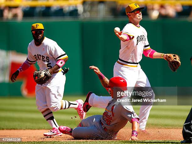 Jordy Mercer of the Pittsburgh Pirates turns the double play over Kolten Wong of the St Louis Cardinals in the eighth inning during the game at PNC...