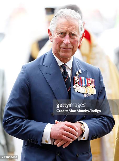 Prince Charles, Prince of Wales attends a Service of Thanksgiving to mark the 70th Anniversary of VE Day at Westminster Abbey on May 10, 2015 in...