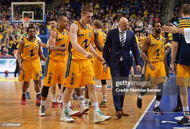 Clifford Hammonds, Alex King, Leon Radosevic, coach Sasa Obradovic and Akeem Vargas of ALBA Berlin during the game between Alba Berlin and EWE...