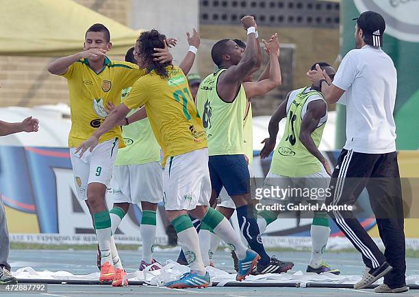 David Castaneda player of Leones FC celebrates after scoring the third goal of his team during a match between Leones and America de Cali as part of...