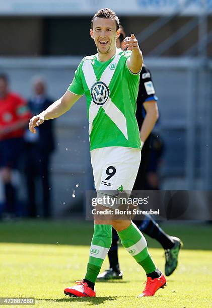 Ivan Perisic of Wolfsburg gestures during the Bundesliga match between SC Paderborn and VfL Wolfsburg at Benteler Arena on May 10, 2015 in Paderborn,...