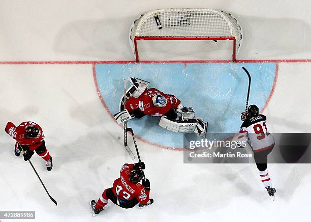 Tyler Seguin of Canada scores his team's opening goal during the IIHF World Championship group A match between Switzerland and Canada at o2 Arena on...