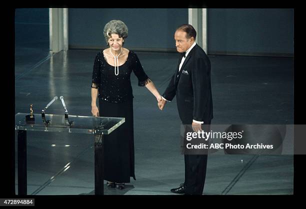 Show Coverage - Airdate: April 14, 1969. MARTHA RAYE, RECIPIENT OF JEAN HERSHOLT HUMANITARIAN AWARD WITH PRESENTER BOB HOPE