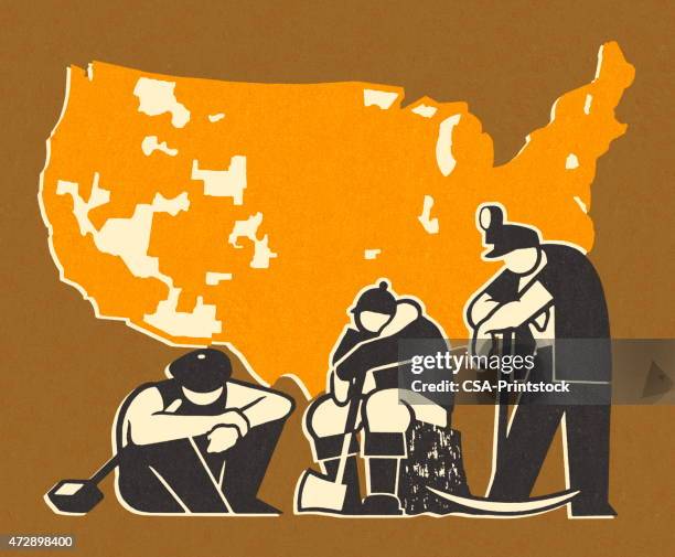 three blue collar workers - lumberjack stock illustrations