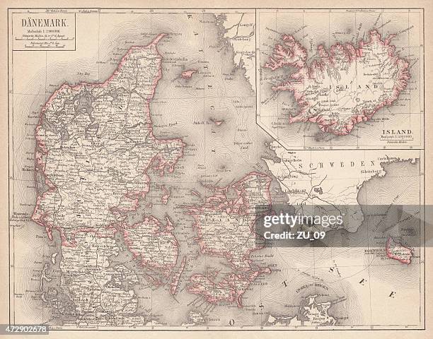 map of denmark and iceland, lithograph, published in 1875 - denmark map stock illustrations