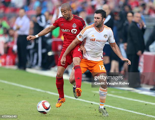 Justin Morrow of Toronto FC battles with Will Bruin of the Houston Dynamo during an MLS soccer game between the Houston Dynamo and Toronto FC at BMO...