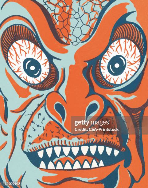 ilustraciones, imágenes clip art, dibujos animados e iconos de stock de primer plano de la cara de un monstruo - ojos rojos