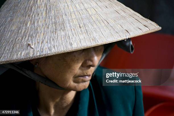 vietnamese female portrait - asian style conical hat stock pictures, royalty-free photos & images