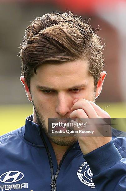 Marc Murphy of the Blues arrives to speak to the media during a Carlton Blues AFL media opportunity at Ikon Park on May 11, 2015 in Melbourne,...