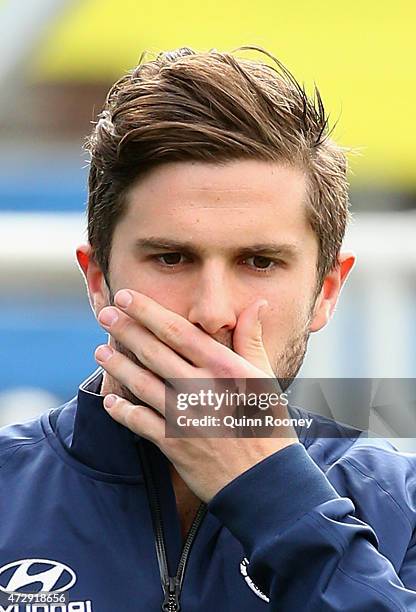 Marc Murphy of the Blues arrives to speak to the media during a Carlton Blues AFL media opportunity at Ikon Park on May 11, 2015 in Melbourne,...