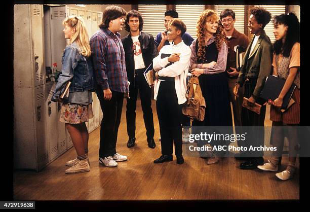 Blunden in Love" - Airdate: October 25, 1989. L-R: KRISTINE BLACKBURN;DAN SCHNEIDER;BRIAN ROBBINS;MICHAEL DELORENZO;ROBIN GIVENS;KHRYSTYNE HAJE;DAN...