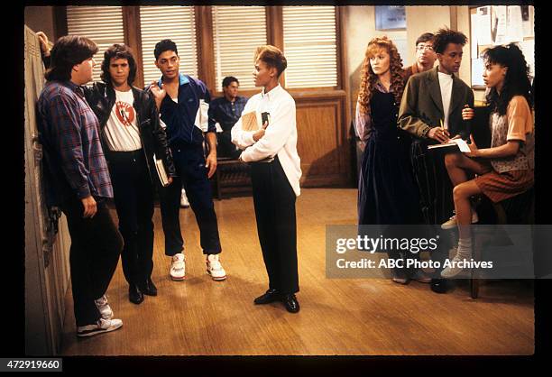 Blunden in Love" - Airdate: October 25, 1989. L-R: DAN SCHNEIDER;BRIAN ROBBINS;MICHAEL DELORENZO;ROBIN GIVENS;KHRYSTYNE HAJE;DAN FRISCHMAN;DE'VOREAUX...