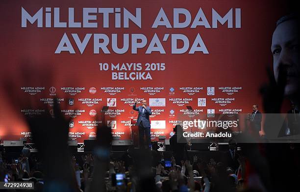 Turkeys President Recep Tayyip Erdogan gives a speech during an event organized by Turkish youth organizations at Ethias Arena in Hasselt, Belgium on...