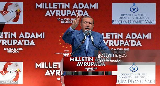 Turkeys President Recep Tayyip Erdogan gives a speech during an event organized by Turkish youth organizations at Ethias Arena in Hasselt, Belgium on...