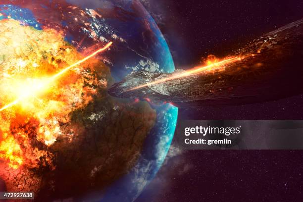 alien spaceship destroying earth - militaire invasie stockfoto's en -beelden