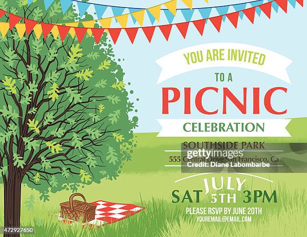 ilustraciones, imágenes clip art, dibujos animados e iconos de stock de plantilla de la invitación de historieta summer picnic  - manta de picnic