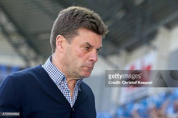 Head coach Dieter Hecking of Wolfsburg looks on prior to the Bundesliga match between SC Paderborn 07 and VfL Wolfsburg at Benteler Arena on May 10,...