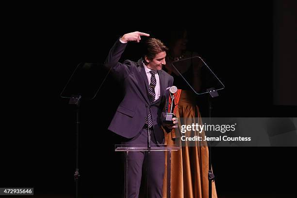 Andy Karl speaks on stage at the 30th Annual Lucille Lortel Awards at NYU Skirball Center on May 10, 2015 in New York City.