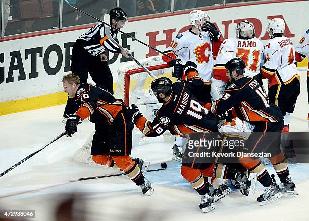 Corey Perry of the Anaheim Ducks celebrates after scoring the game-winning goal in overtime against Calgary Flames in Game Five of the Western...