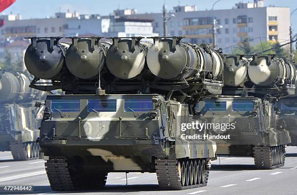 In this handout image supplied by Host photo agency / RIA Novosti, S-300 long range surface-to-air missile systems during the celebration of the 70th...