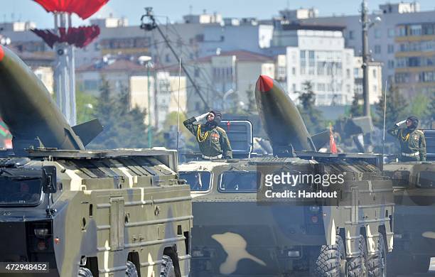 In this handout image supplied by Host photo agency / RIA Novosti, Tochka tactical ballistic missiles during the celebration of the 70th anniversary...
