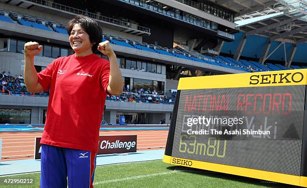 Yuki Ebihara of Japan celebrates after breaking the Japan record at 63.80m in Women's Javelin during the Seiko Golden Grand Prix Tokyo 2015 at...
