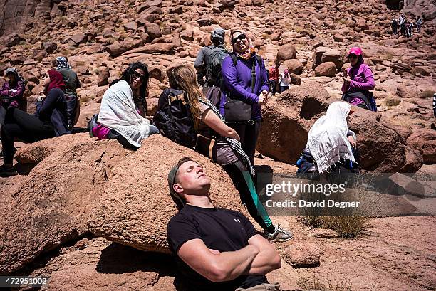 Bedouin guides lead tourists hiking through the mountains of South Sinai on April 17, 2015 near St. Catherine, Egypt. Bedouins guides in the Sinai...