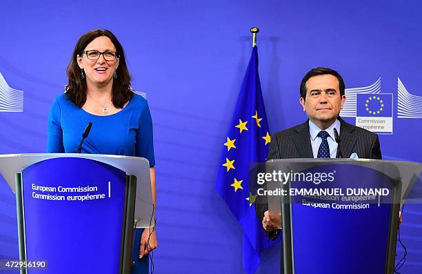 Mexican Secretary of Economy Ildefonso Guajardo Villarreal and European Commissioner for Trade Cecilia Malmstrom hold a press conference after their...
