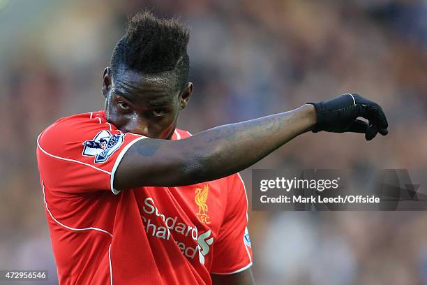 Mario Balotelli of Liverpool looks dejected during the Barclays Premier League match between Hull City and Liverpool at the KC Stadium on April 28,...