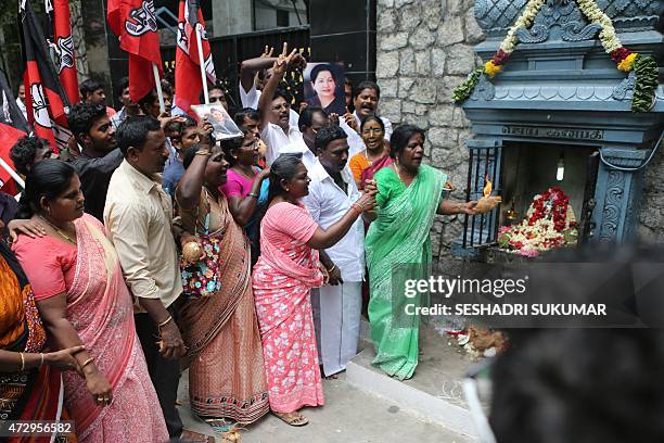 All India Anna Dravida Munnetra Kazhagam party cadres celebrate after party chief Jayalalithaa Jayaram was cleared of corruption charges by Karnataka...