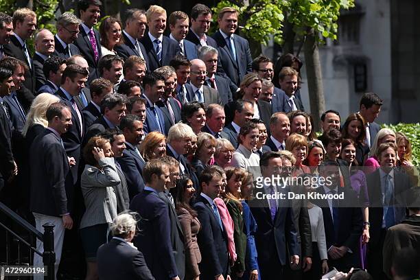 British Prime Minister David Cameron poses for a picture with the new Conservative Party MPs in Palace Yard on May 11, 2015 in London, England. Prime...