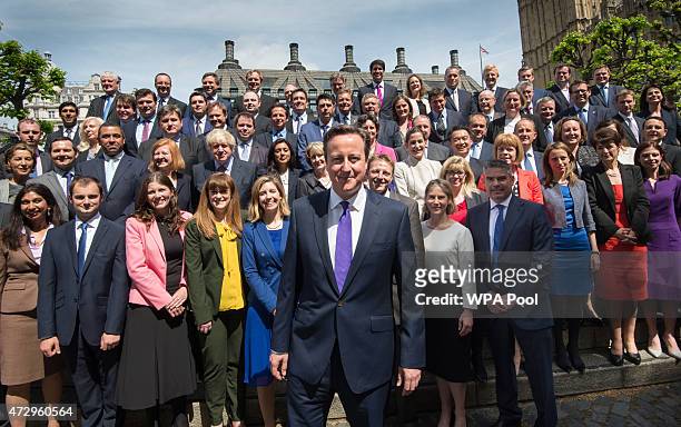 British Prime Minister David Cameron poses for a photo with the newly elected Conservative Party MPs in Palace Yard on May 11, 2015 in London,...