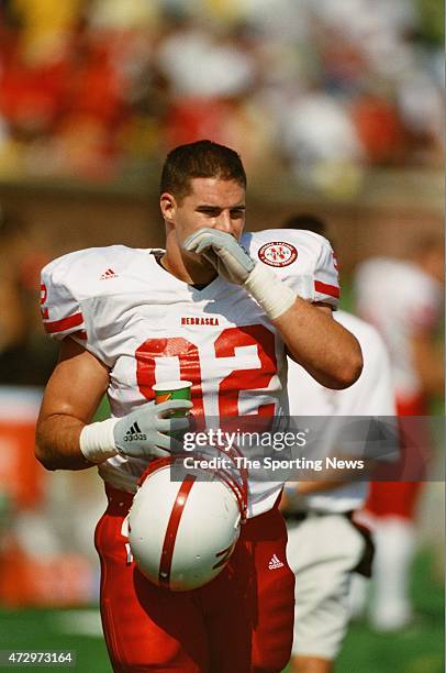 Justin Smith of the Nebraska Cornhuskers looks on against the Missouri Tigers in Columbia, Missouri on September 29, 2001.