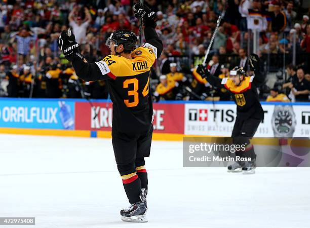 Benedikt Kohl of Germany celebrate their 2nd goal during the IIHF World Championship group A match between Germany and Austria at o2 Arena on May 11,...