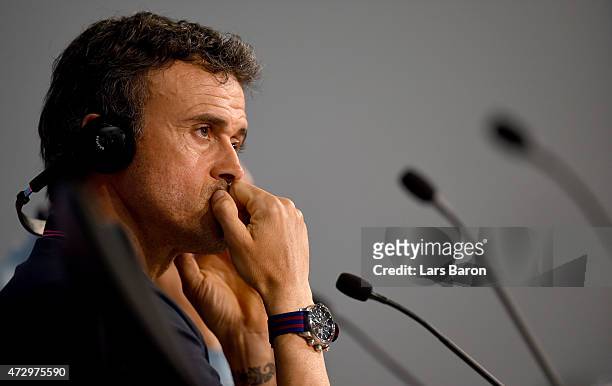 Head coach Luis Enrique looks on during a FC Barcelona press conference on the eve of the UEFA Champions League semi final second leg match against...