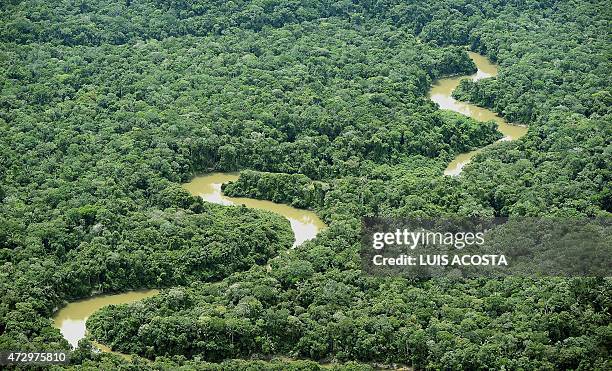 On illegal mining in Colombia Aerial picture of meanders of the Guainia River, in the jungle of Colombia's Guainia Department, taken from a Bell Huey...