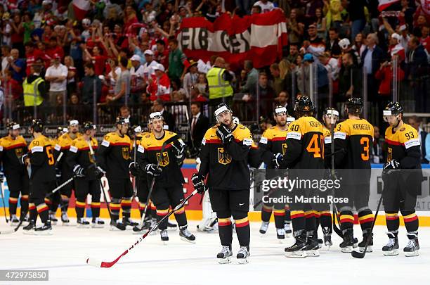 Players of Germany look dejected after losing against Austria after the IIHF World Championship group A match between Germany and Austria at o2 Arena...