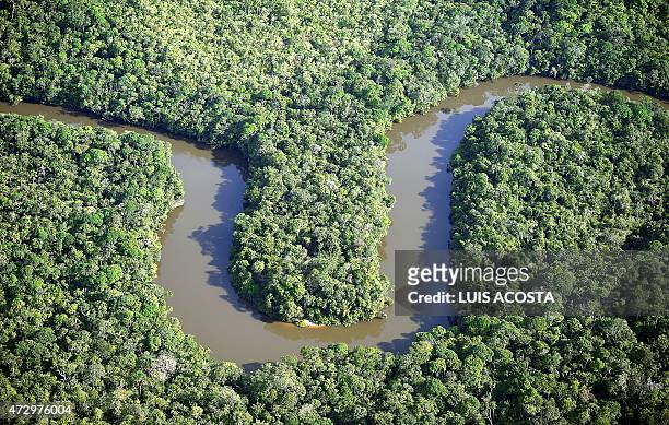 On illegal mining in Colombia Aerial picture of the Inirida River, in the jungle of Colombia's Guainia Department, taken from a Bell Huey II police...