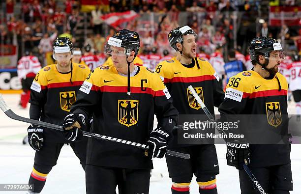 Players of Germany look dejected after losing against Austria after the IIHF World Championship group A match between Germany and Austria at o2 Arena...
