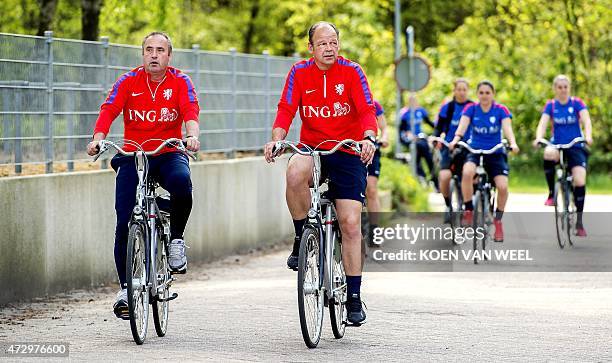 Netherlands' head coach Roger Reijners takes part in a training session in Harderwijk on May 11 in preparation of the coming women's Football World...