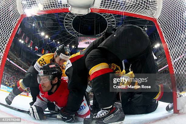 Thomas Raffl of Austria slides into the net during the IIHF World Championship group A match between Germany and Austria at o2 Arena on May 11, 2015...