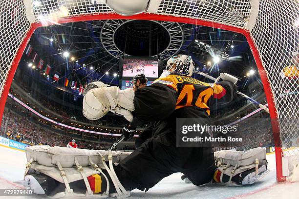 Dennis Endras, goaltender of Germany tends net against Austria during the IIHF World Championship group A match between Germany and Austria at o2...